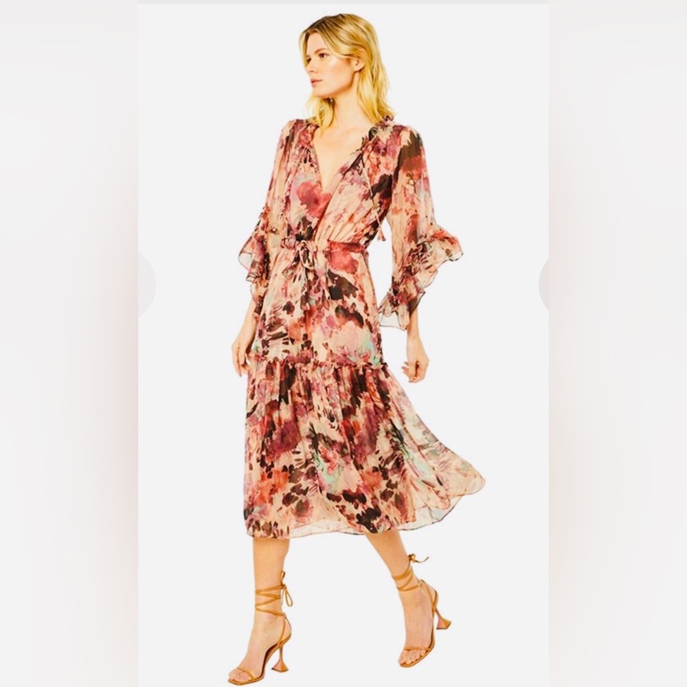 Misa Los Angeles Marcele Pink Floral Midi Dress NWT